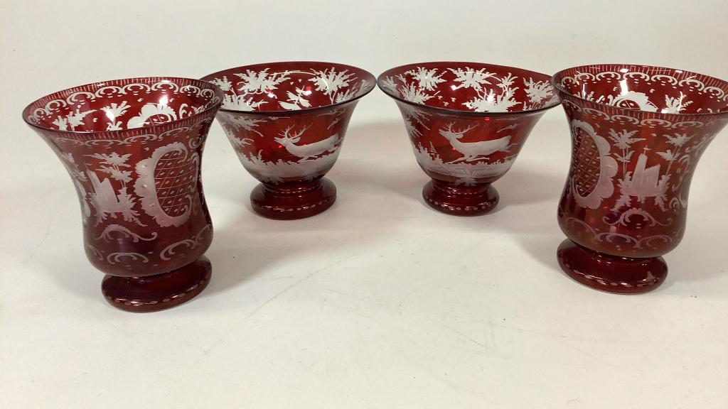 2 Pair Bohemian Ruby Etched Vases: 5 inch tall vases with castle scenes, pair 6 inch diameter flared rim vases, stag and forests