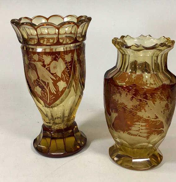 2 Bohemian Amber Cut Vases: 8.5 inch vase with birds in a shield, paneled rim and base, 7.5 inch vase with stag in forest, rolled rim, dark honey amber color