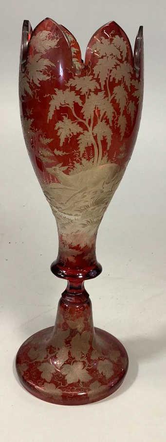 Bohemian Chalice Vase: 13 inch Etched cut Ruby glass vase with deer, trees and foliate, base with grape vine Line Item # 93