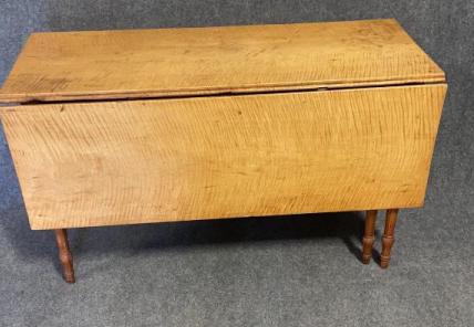 Sheraton Tiger Maple Drop Leaf Table: Wonderful figured maple, top and leaves are single boards, turned legs, mortised and pegged construction , slight cupping on leaves, missing leaf support on one side, 28 tall x 19 wide 52 open x 48 de