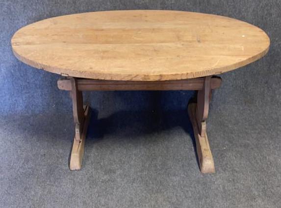 Scandinavian Trestle Base Tavern Table: Pegged and wedge base, classic Scandinavian fiddle base ends, 1 triangle patch, see photos, 28.5 tall x 57 wide x 42 deep