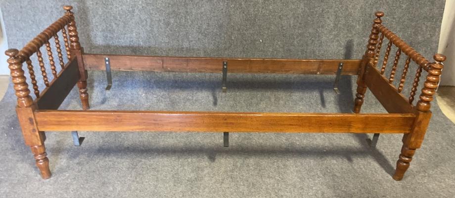 Walnut Jenny Lind Childs Bed: Tulip feet, sturdy, rails do not come off. 28 tall x 76 long x 31 deep