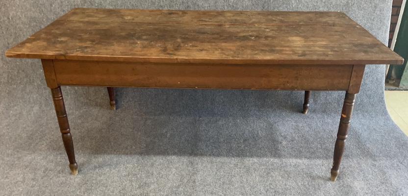 Walnut 3 Board Top Farm Table: Turned legs, pegged construction, tulip feet30 t x 73 long x 37.5 deep