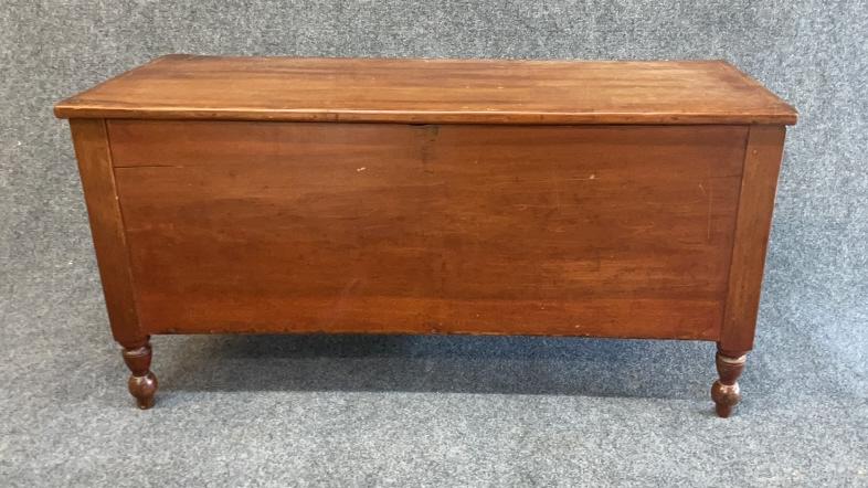 6 Board Cherry Blanket Chest: Newer lid, Pegged construction, turned, feet 21 tall x 41.5 wide x 16.5 deep