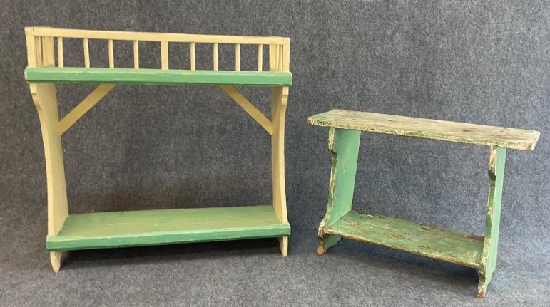 2 Vintage European Bucket Benches: Green and white with galley, 33 tall x 32.5 wide x 10.5 deep Green 21 tall x 30.5 wide x 11 deep
