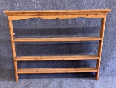 Pine Plate Rack: 3 plate shelves with plate rails, cove molding, scalloped top, shelves are mortised in, 49 tall x 53 wide 8 deep