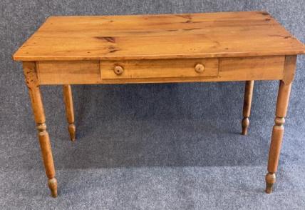 3 Board Top Maple Work Table: Turned legs, 1 drawer, 1920s, 29.5 tall x 47.5 wide x 27.5 deep