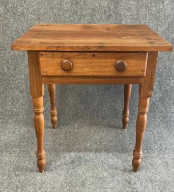 Walnut East Tenn One Drawer Stand: Mortised and pegged, Turned legs, 2 board top, patched on left hand side, 28 tall x 27 wide x 24.5 deep