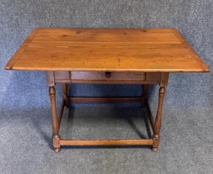 3 Board Top Heart Pine Tavern Table: 19th century, stretcher base, hand dovetailed drawer, turned chestnut legs, probably NC, pegged construction, breadboard ends, 28 tall x 46 wide x 35 deep