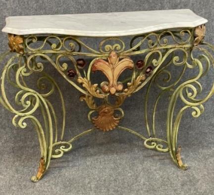 Vintage Iron Marble Top Console Table: Heavy iron base with split tin roses and fleur de lis, 37 tall x 41 wide x 15.5 deep