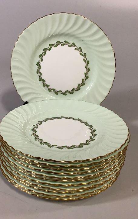 12 Minton Dessert Plates: Cheviot Green, 8 inch plates with laurel bandm gilt rims
