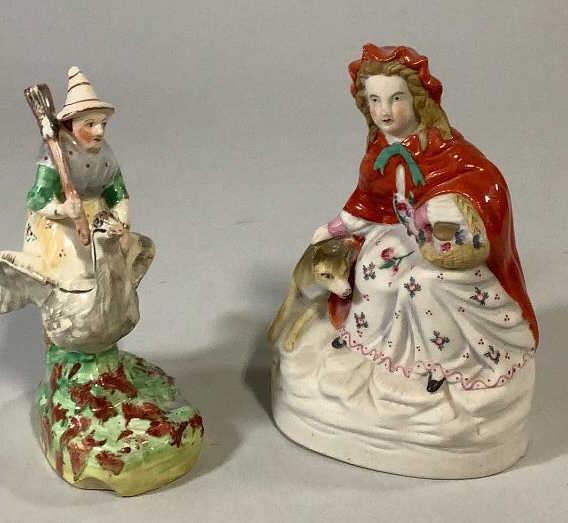 Staffordshire Mother Goose, Red Riding Hood: 7 inch Mother Goose, 8 inch Painted bisque Red Riding Hood ( small base chip)
