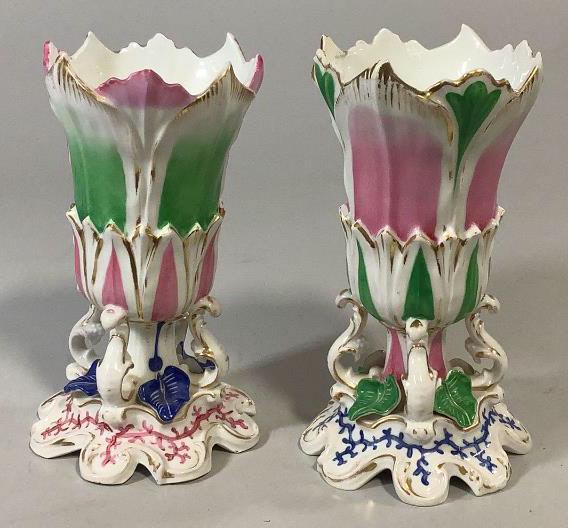 Pair Glazed Bisque Mantle Vases: Stepped base with rolled support feet, leaf petal form, gilt trims, small repaint tone petal