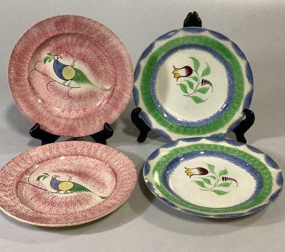 4 Sponge Decoration Ironstone Plates: Pair of red sponged plates with stylized birds, pair at 9.5 inch plates in blue land green with hand painted tulip center, none marked, all in French style similar to Quimper ( one tulip plate has rim