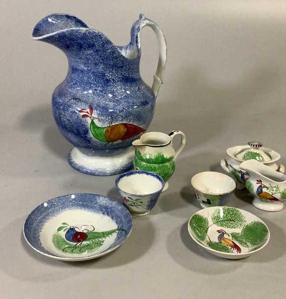 8 Pieces Sponge Decorated Ironstone: Large 10 inch pitcher in blue sponge with bird, 6 inch saucer, 3 piece miniature tea set I green, plus 4 inch bowl, 3.5 inch cream jug