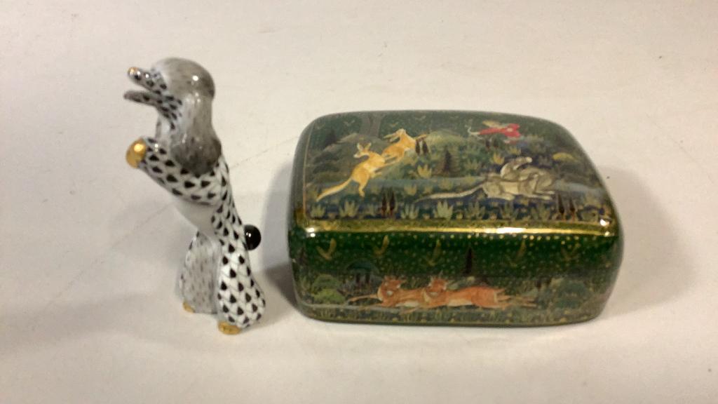 Herend Begging Poodle, Paper Mache Box: 4 inch tall poodle in black fish scale, hand painted table box 5 x 4 inches signed made in Kashmir