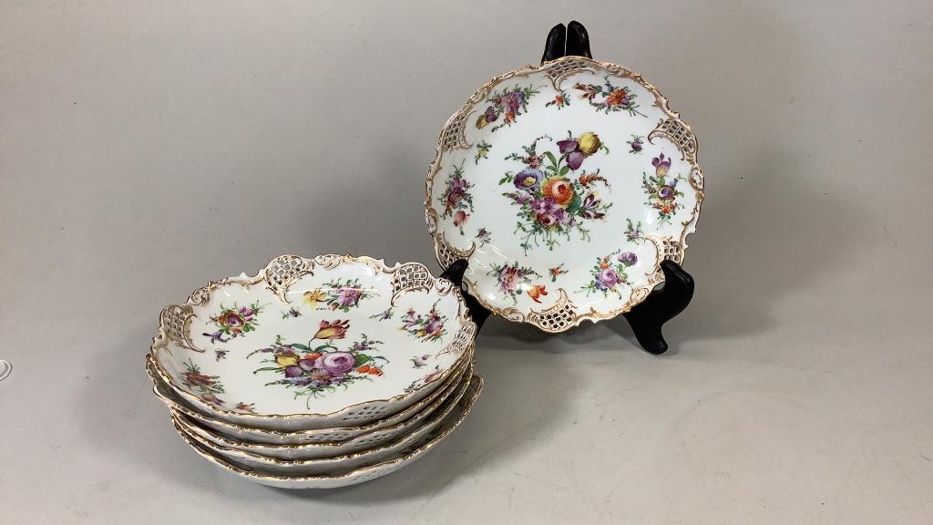 Set 6 Dresden Plates: 7 inch reticulated rim plates, stamped TK and 614, also Dresden