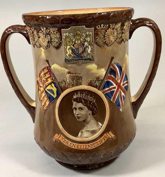 Queen Elizabeth II Coronation Loving Cup: Royal Doulton Limited Edition #847/1000, 11 inches tall, issued in 1953, designed by Nike and Harry Fenton, beautiful colors, good condition Line Item # 41