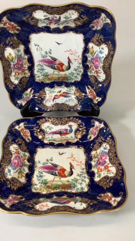2 Booths England Porcelain Plates: Decorated with Chelsea Birds, and Florals in a deep cobalt blue, 8 inch square plates, stamped for Booths