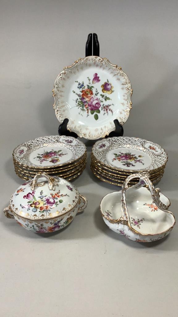 Meissen Table Articles: 12 Reticulated Plates @ 7.5 Inches, 6 Inch Table Basket, 8.5 Inch Bowl, Round Covered Bon Bon Dish, All With Florals And Gilt Trims Line Item # 18,19