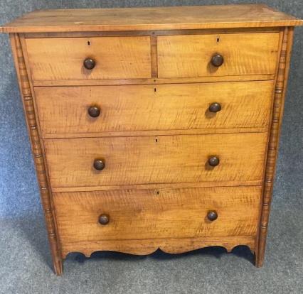 Tiger Maple Sheraton Chest: Scalloped skirt, paneled ends, applied turned half columns, split drawers one 3 graduated hand dovetailed drawers, yellow and heart pine pine secondary, mortised and pegged case, cut nails, 1850’s K