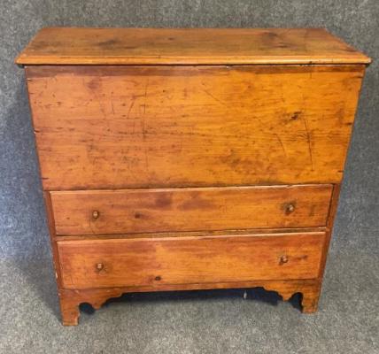 New England White Pine Mule Chest: Scalloped Bracket foot, dovetailed drawers, cut nails, 37.5 tall x 38.5 wide x 17.5