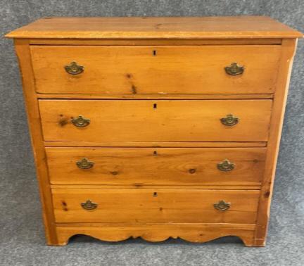 4 Drawer White Pine New England Cottage Chest: Scalloped skirt, paneled ends, 1920’s soke finish wear, 35 tall x 38 wide x 17.5 deep