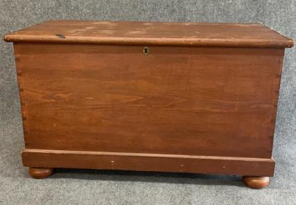 White Pine Blanket Box on Red Paint: 1900, Dovetailed Case, Rat Tail Hinges, Bun Feet, Red Wash, 28 Tall X 47 Wide X 24 Deep