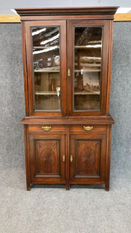 White Pine Asthenic Movement Bookcase: Original glass, carved lower doors, dovetailed drawers, minor losses, 82 tall x 42 wide x 18 deep