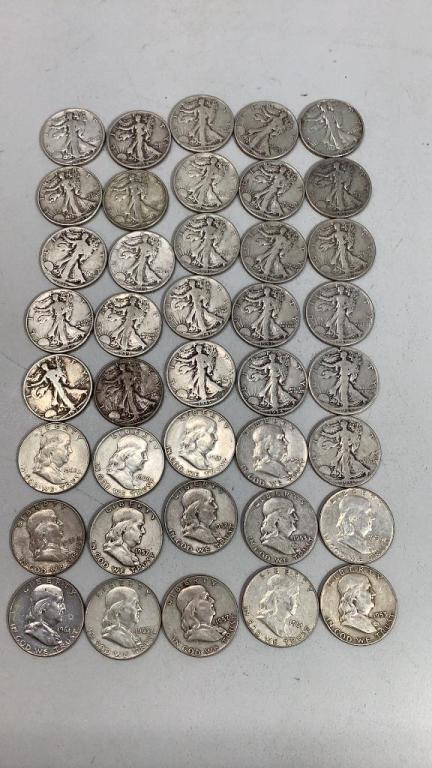 40- Silver Half Dollars: Mixed Walking Liberty and Ben Franklin, circulated, mixed dates, clear dates and profiles