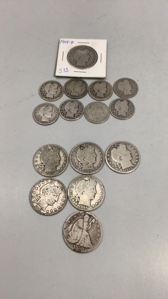 Seated Liberty, Barber Half and Quarter Dollars: 1858 Seated Liberty Half, 6 Barber Half Dollars, 8 Barber Quarters