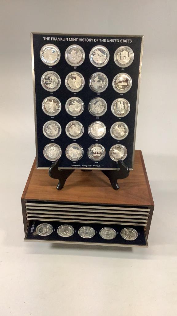 Franklin Mint History of the U. S. Proof Set: Dates 1776. - 1975, sterling proof set of 200 1oz silver rounds 10 slide out trays in filled case