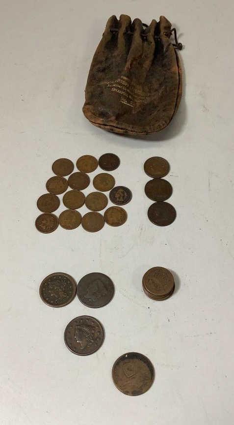 Group Old American Copper Coins, Leather Pouch: Includes: 1786 New Jersey Colonial Coin ( heavy wear, drilled ) 1818,1825,1852 large cent coins, 1804, 1854 half cent, 6-2 cent coins, 1866,67 Indian head pennies,