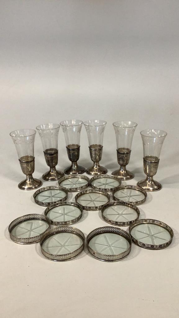 Sterling Base Wines, 10 Sterling Rim Coasters: 6 sterling base wine stems with etched glass, 10 sterling rimmed coasters in 2 patterns , set of 6 and set Of 4 Line Item # 264,277