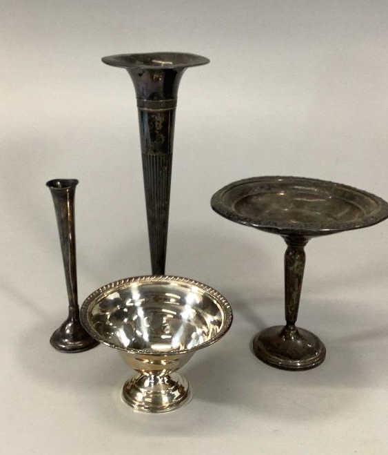 4 Sterling Table Articles: 11.5 inch trumpet vase, 7 inch weighted footed compote, 7 inch bud vase, 3.5 inch weighted compote