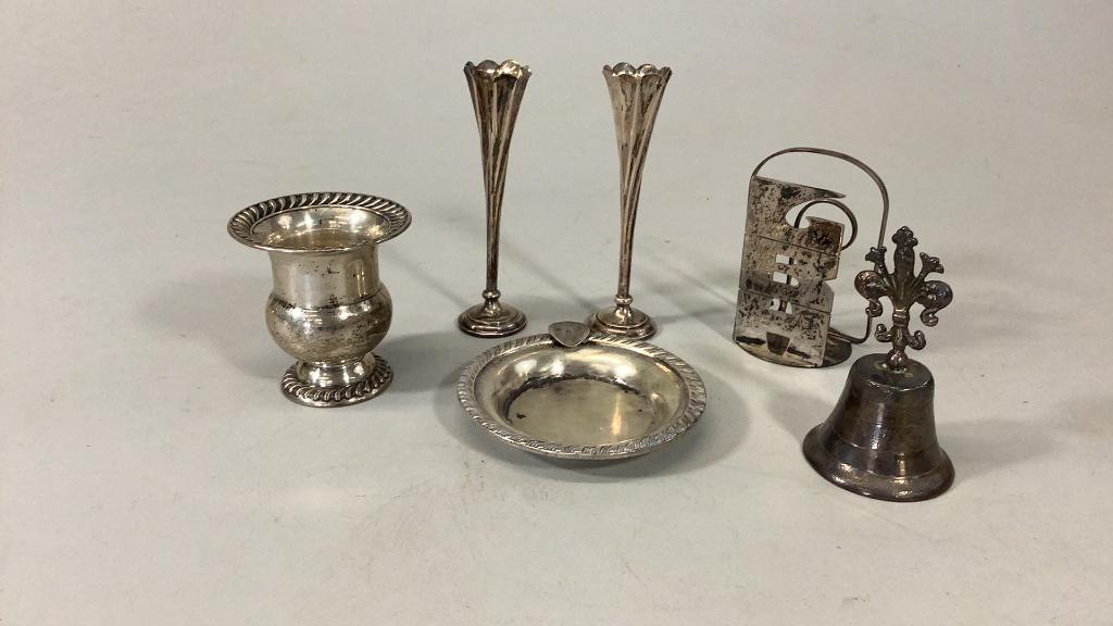 6 Sterling Table Items: Table bell, Ashtray, pair English sterling miniature bud vases, 3 inch footed pick holder, 3 inch monogram napkin place card holder