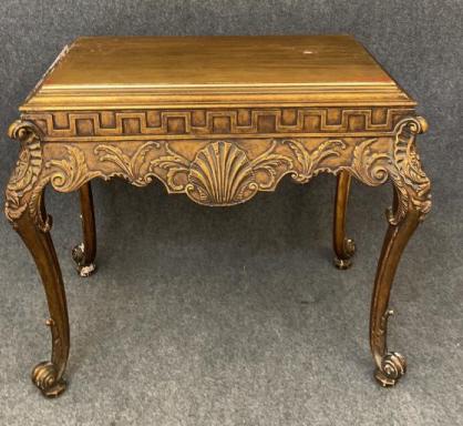 Carved and Gilded Louis XVI Style Entry Table: Shell carving, scroll feet, 1940s, minor finish wear. Table measures 35 inches tall x 40 inches wide x 24 inches deep