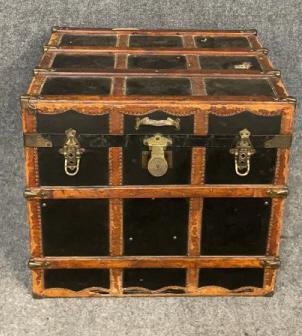 Personal Steamer Chest By Likly & Rockett: slight damage to top, Interior tray, great size. Measures 23 inches tall x 25 inches wide x 20 inches deep