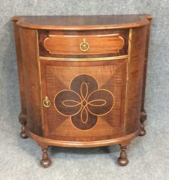 Berkey and Gay Demilune console: Inlaid one drawer over one door console. 36 inches tall x 36 inches wide x 19 inches deep
