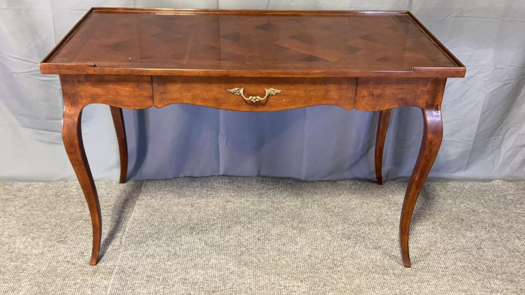 French Style Fruitwood Writing Desk: Marquetry top, French legs, contemporary , 30 tall x 48 wide X 25.5 deep