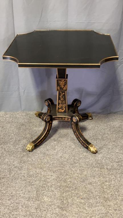 EJ Victor Side Table: Ebonized with gold floral decoration, brass paw caster feet, 26.5 tall x 24 wide x 24 deep PRESERVATION SOCIETY OF NEWPORT COUNTY