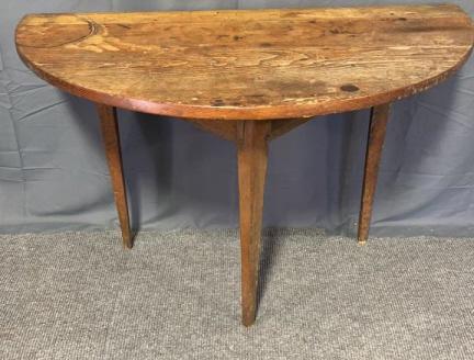 Rare American Yellow Pine Demilune: 1860s, tapered legs, pegged construction, 2 board top, 27.5 tall x 44 wide x 23 deep, back board of skirt has been replaced