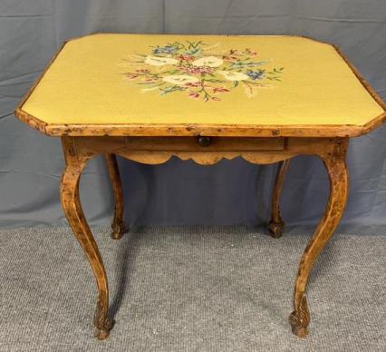 19th C French Fruitwood Game Table: Needlepoint Top Carved acanthus leaves and hoof feet, classic French leg, scalloped skirt, single dovetailed drawer, 26 tall x 31 wide x 35.5 deep