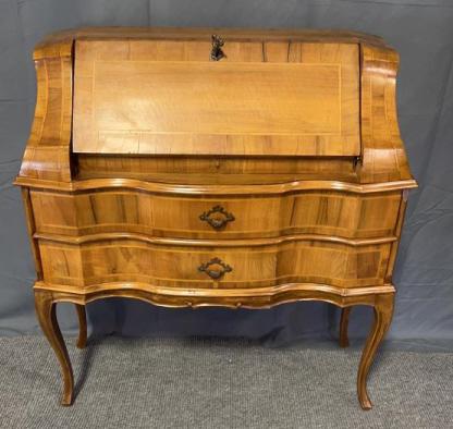 Satin & Yew Wood Bombay Fall Front Desk: String Inlay, dovetailed drawers, 36.5 tall x 31.5 wide x 13 deep.