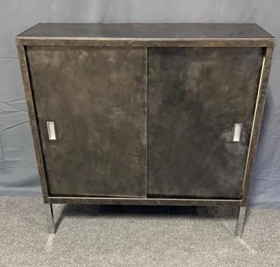 Vintage Polished Steel Industrial Cupboard: Sliding doors, chrome legs, 35 tall x 36 wide x 13.5 deep