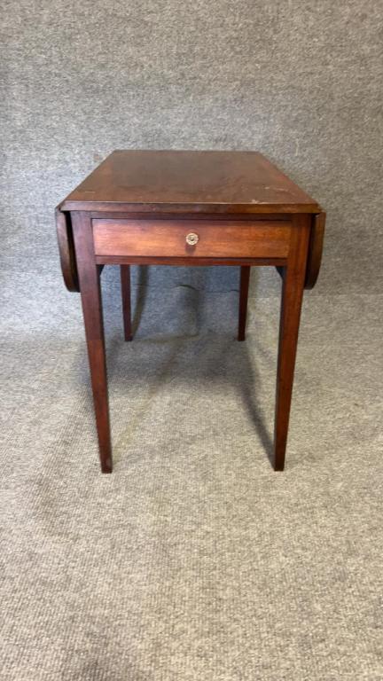 Period Walnut Walnut Drop Leaf Table: Drop leaf stand, shaped leaves, 28 tall x 33 deep x 21.5 wide, 40 open