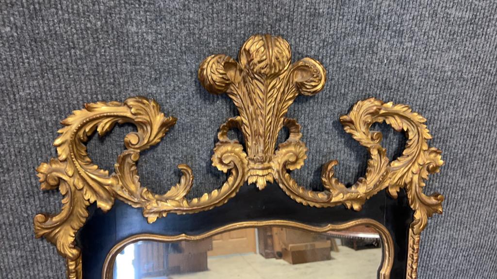 Antique Carved & Gilded Italian Mirror: Ebonized frame w gilt Acanthus and bell flower carving, 55 tall x 28 wide