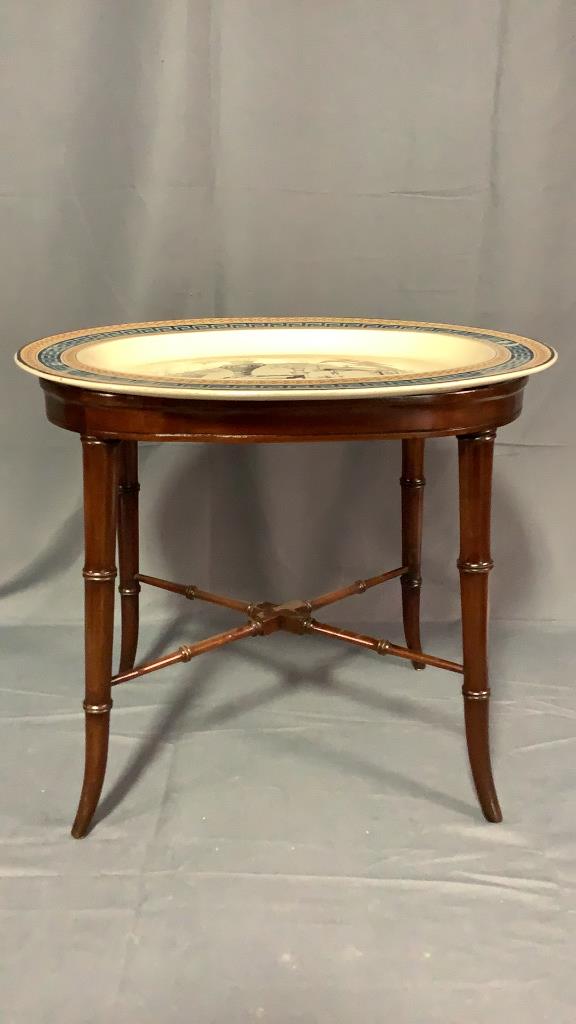 English Porcelain Tray on Stand: 20 inch oval serving tray, Greek Key design to rim, Phoenix , flowers and fruit center design, on a Chippendale stand with stretcher base