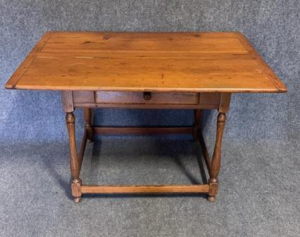 3 Board Top Country work table: 19th century, Heart pine top and skirt, unusual turned Walnut legs, pegged construction , 29 tall x 48 wide x 36 deep