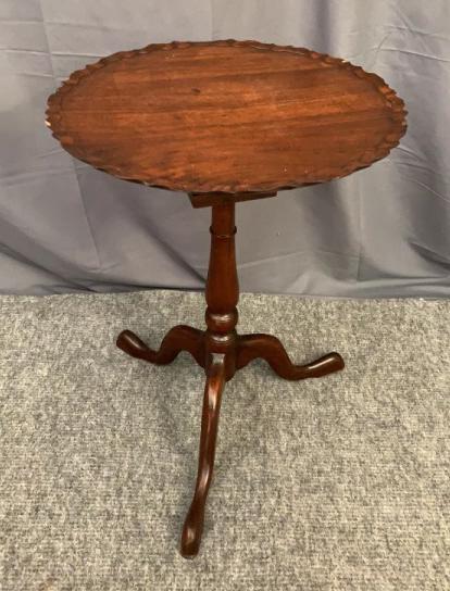 George III Mahogany Tilt Top Pie Crust Table: Late 18th century, turned pedestal with bird cage and original finish, some loss to pie crust edge, 27H x 20 diameter Line Item # 6